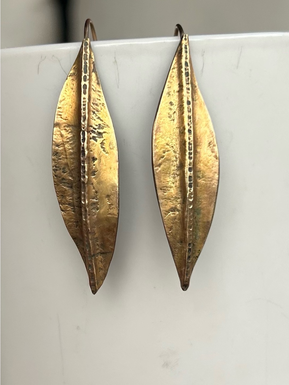 NWOT Artisan Forged Golden Leaf Dangle Earrings